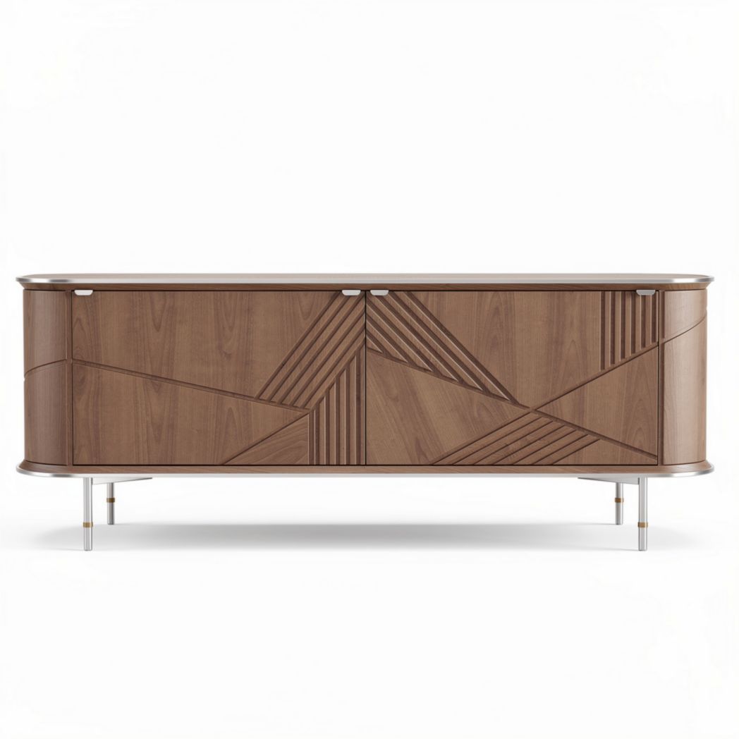 Meuble tv en bois marron avec portes et motifs géométriques 150 x 40 x 60cm