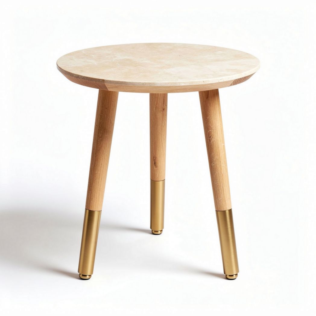 Table ronde en bois avec pieds en métal doré de dimensions 60 x 60 x 75cm